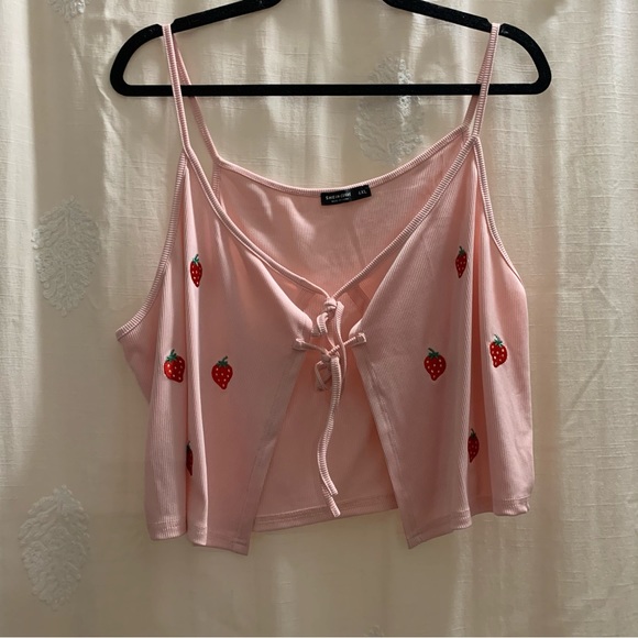 Baby Pink Strawberry Embroidered Cropped Self-Tie Cami NWOT - Picture 5 of 12